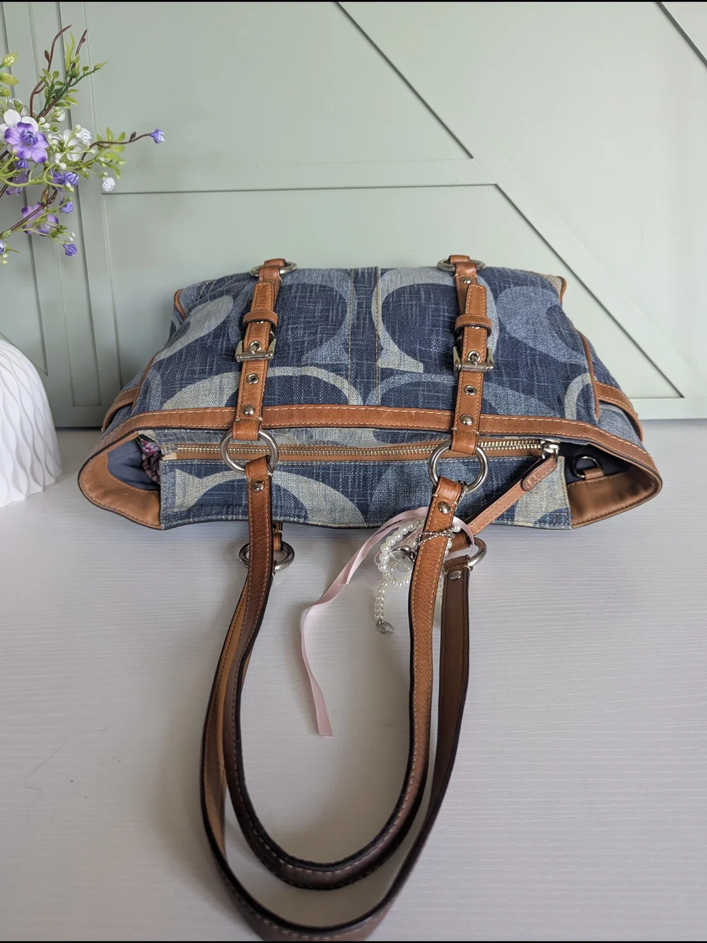 Coach Blue Pattern Logo Tote with Brown Trim